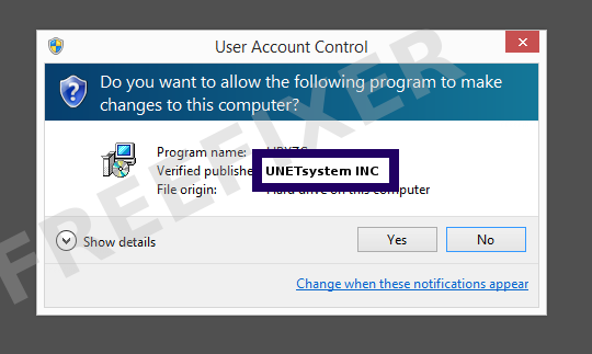 Screenshot where UNETsystem INC appears as the verified publisher in the UAC dialog